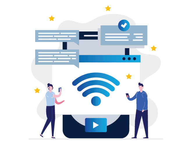 A couple of people standing next to a cell phone with a wifi icon on it.