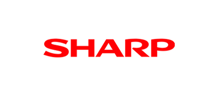 The sharp logo is red and white on a white background.