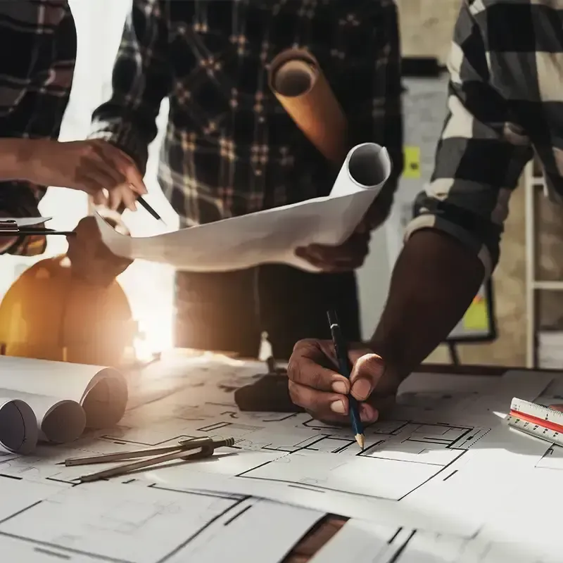 Architects in plaid shirts reviewing architectural blueprints on a table with a pencil, hard hat, and drafting tools.