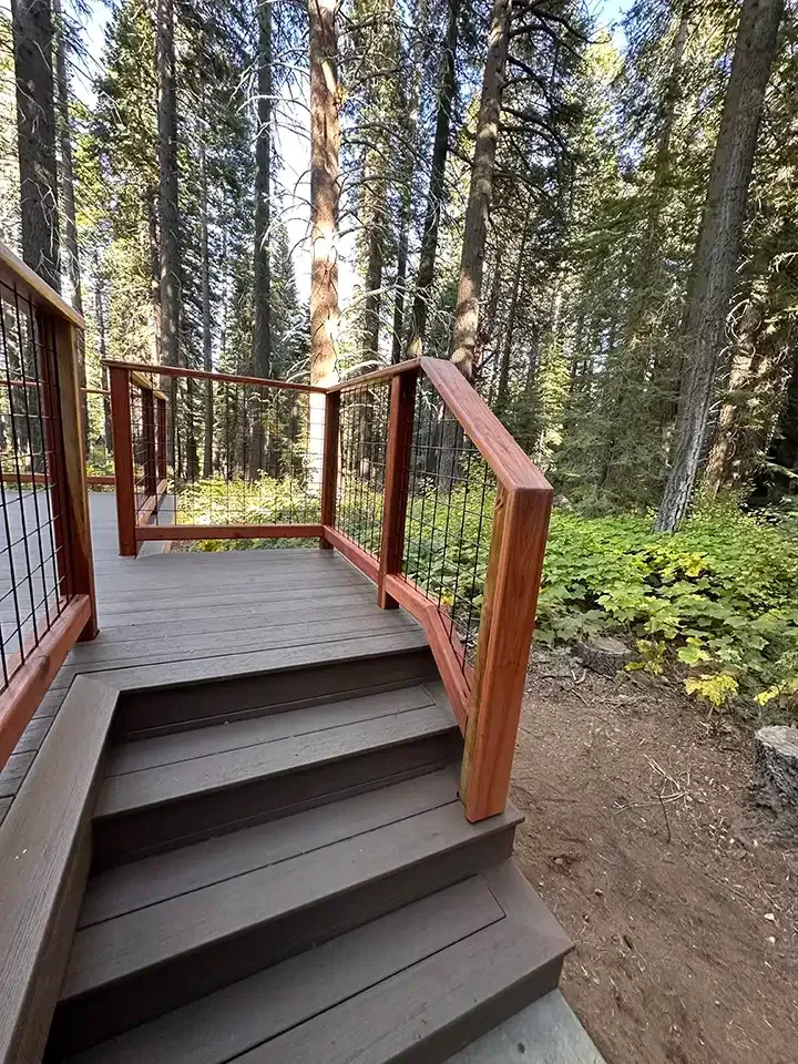 Wooden deck stairs with metal railings descending into a forest clearing.