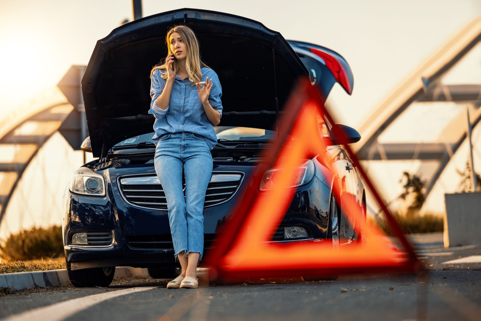 Driver stranded, hood open, calling help, warning triangle ahead.
