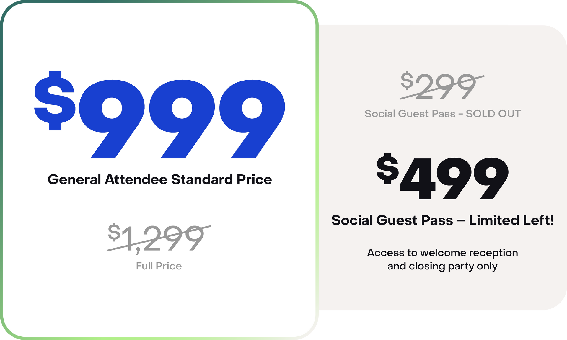 Pricing information for event passes. A General Attendee pass is $999 (originally $1,299). Social Guest pass is $499. A $299 Social Guest pass is sold out.