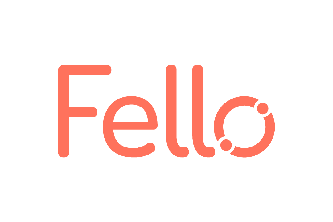 Fello logo: coral text with rounded edges, two circles attached to the 