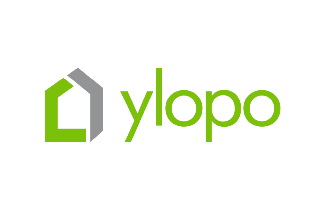 Logo for Ylopo with a green and gray house icon and green text.