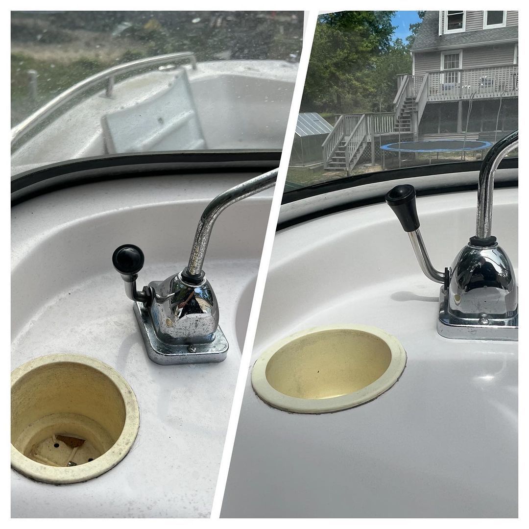 A before and after photo of a boat 's controls and sink.