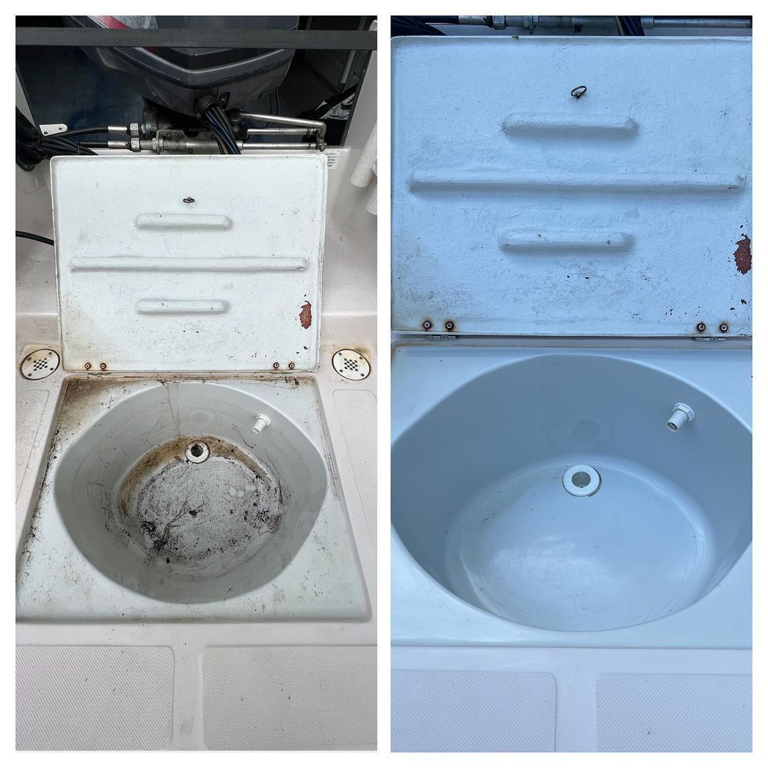 A before and after picture of a sink on a boat.