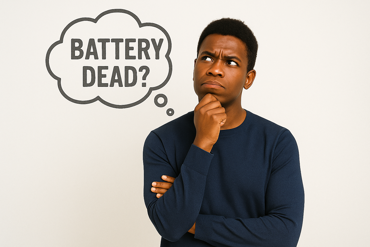 Man in navy sweater looking up with a “BATTERY DEAD?” thought bubble, expressing concern.