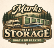 Logo for Mark's Mini Storage, offering boat and RV parking; features storage units, RV, boat, and forest scene.