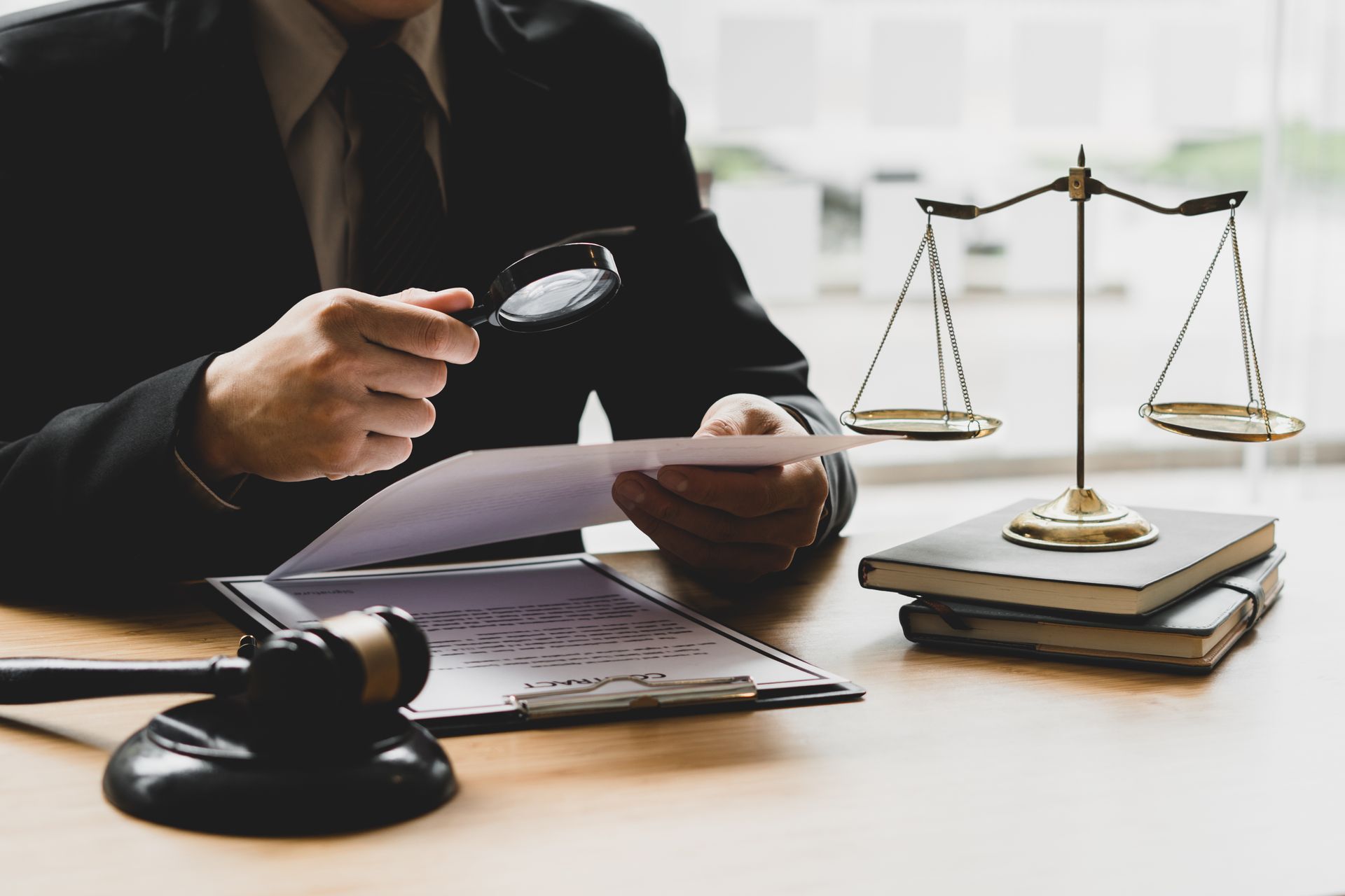 Lawyer reviewing legal document with magnifying glass at desk with scales of justice.