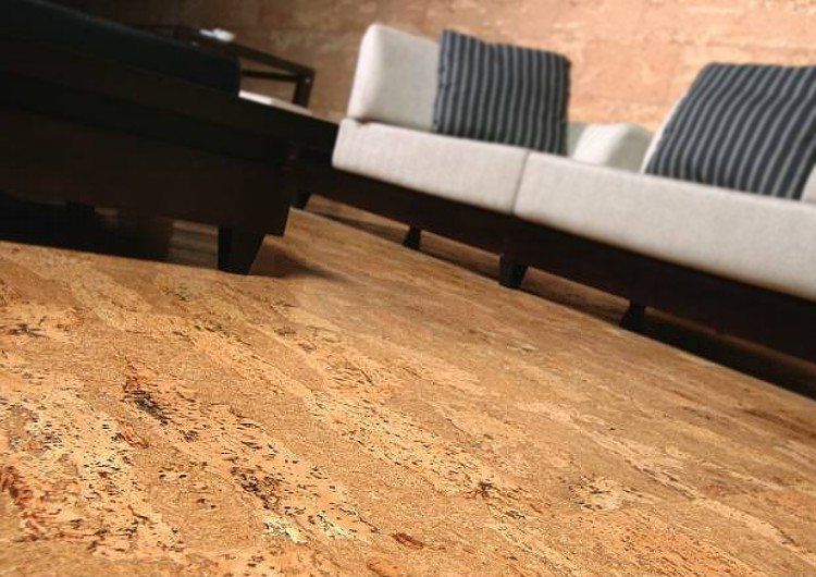 A living room with a cork floor and a couch