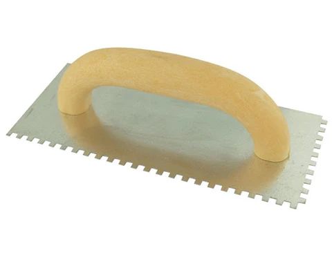 A trowel with a wooden handle on a white background