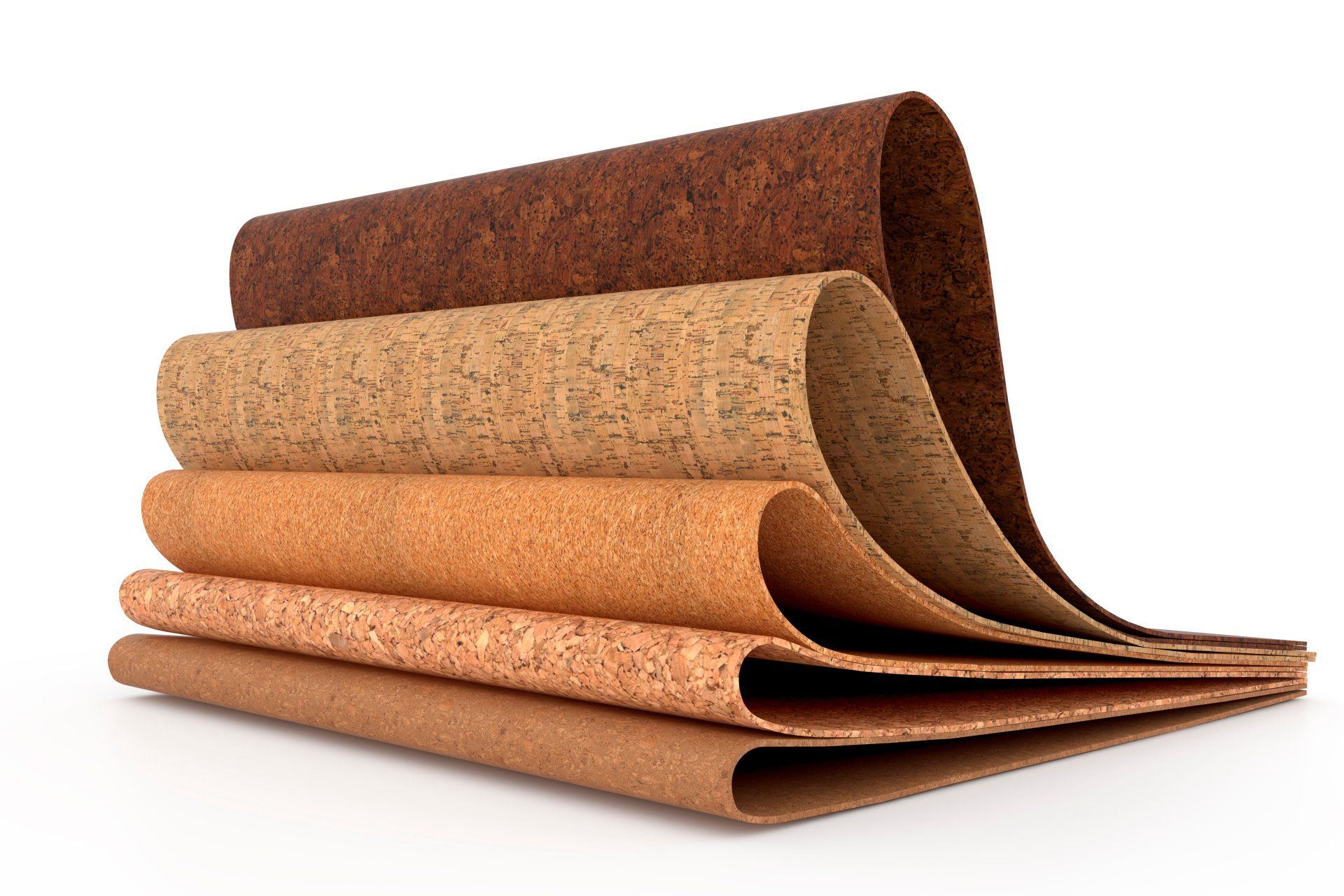 Feuilles de liège de différentes couleurs, empilées et légèrement bouclées.