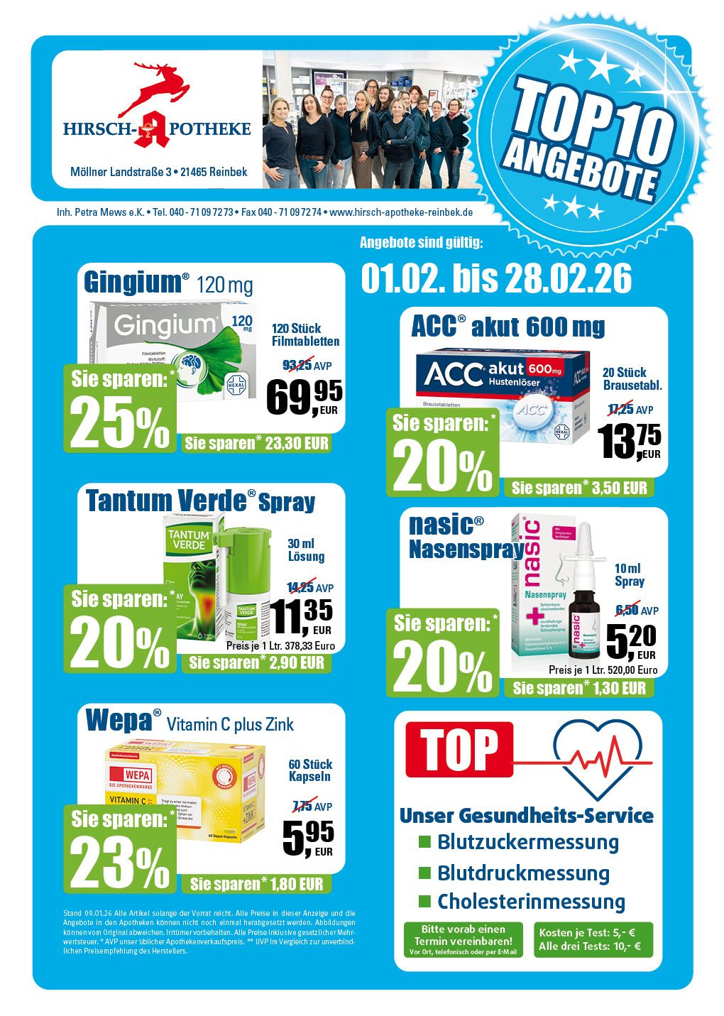 Werbeflyer für die Top 10 Angebote einer Apotheke. Enthält reduzierte Medikamente mit Rabatten und Preisen.