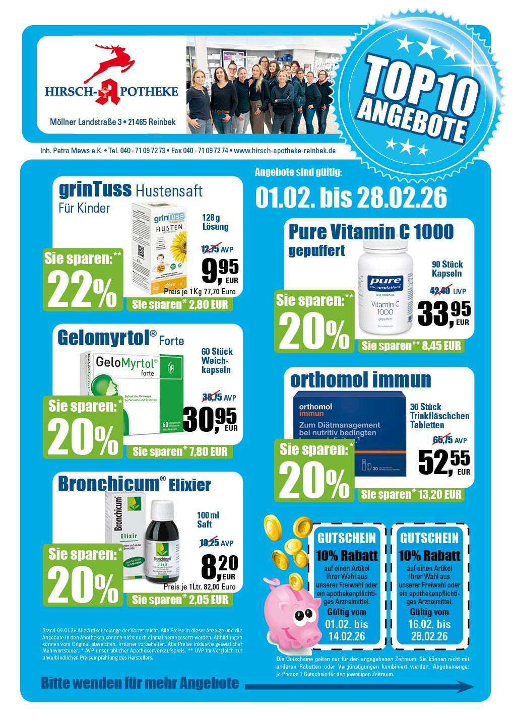 Werbeflyer einer Apotheke mit den Top 10 Angeboten für verschiedene Gesundheitsprodukte vom 1. bis 30. November.