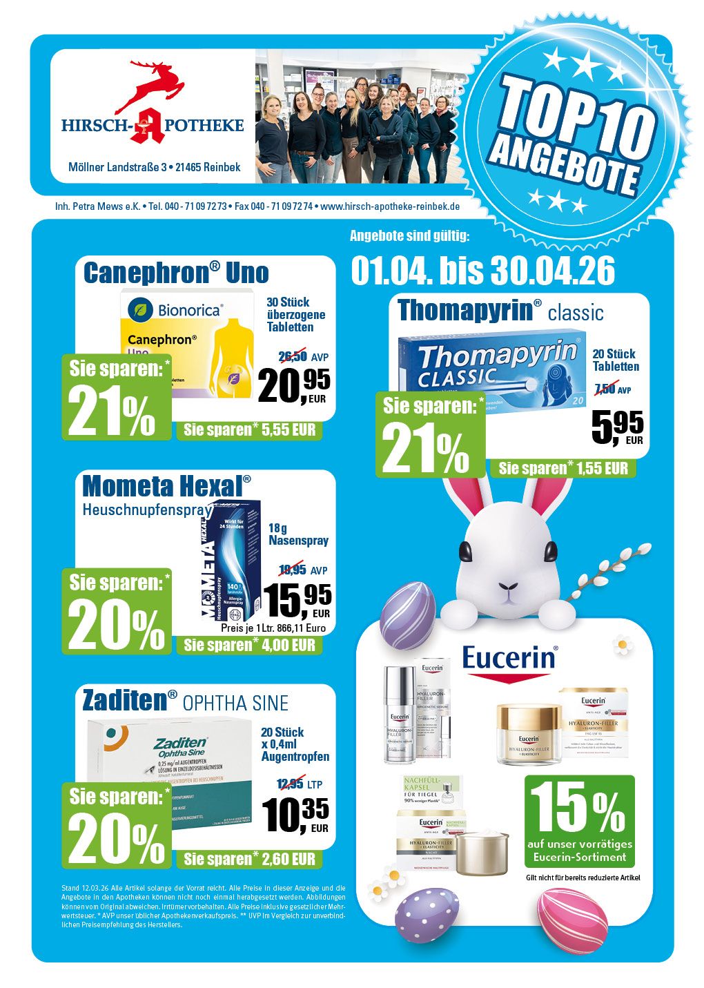 Werbeflyer einer Apotheke mit den Top 10 Angeboten für verschiedene Gesundheitsprodukte vom 1. bis 30. November.