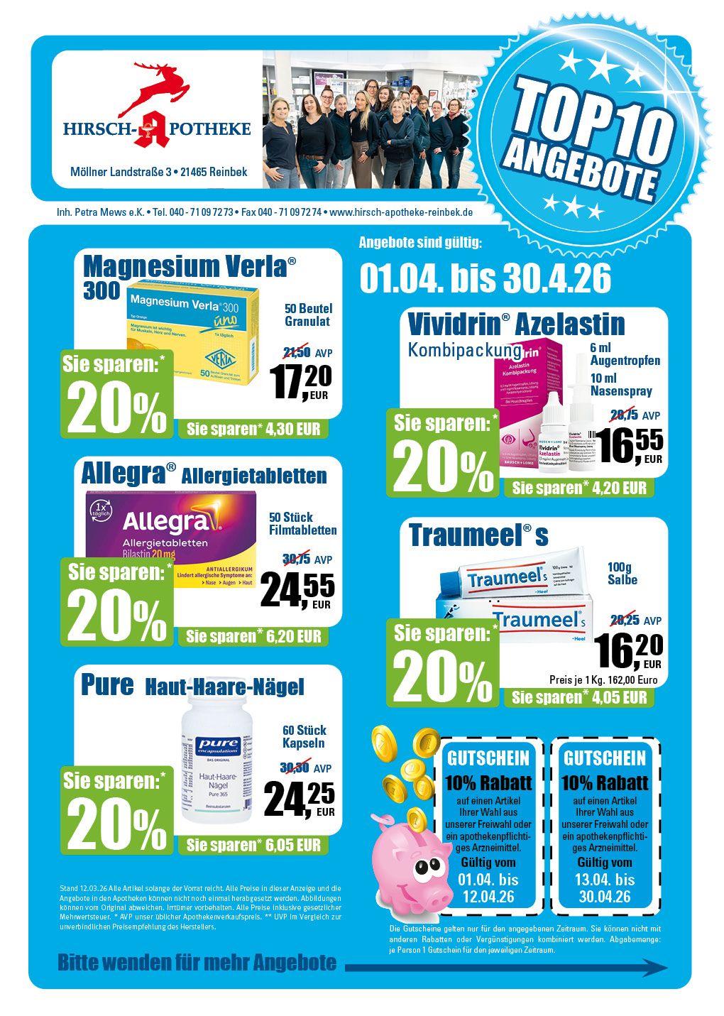 Werbeflyer für die Top 10 Angebote einer Apotheke. Enthält reduzierte Medikamente mit Rabatten und Preisen.