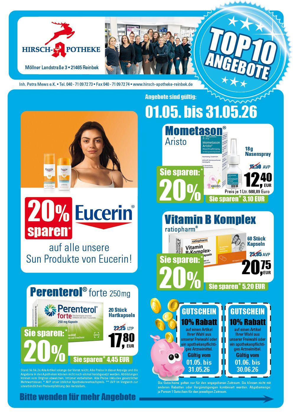 Werbeflyer einer Apotheke mit den Top 10 Angeboten für verschiedene Gesundheitsprodukte vom 1. bis 30. November.