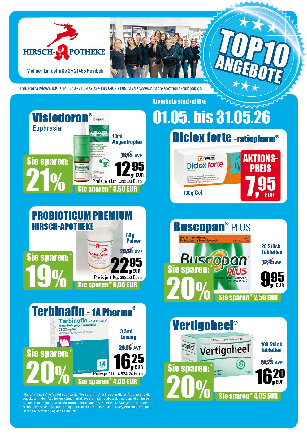 Werbeflyer für die Top 10 Angebote einer Apotheke. Enthält reduzierte Medikamente mit Rabatten und Preisen.