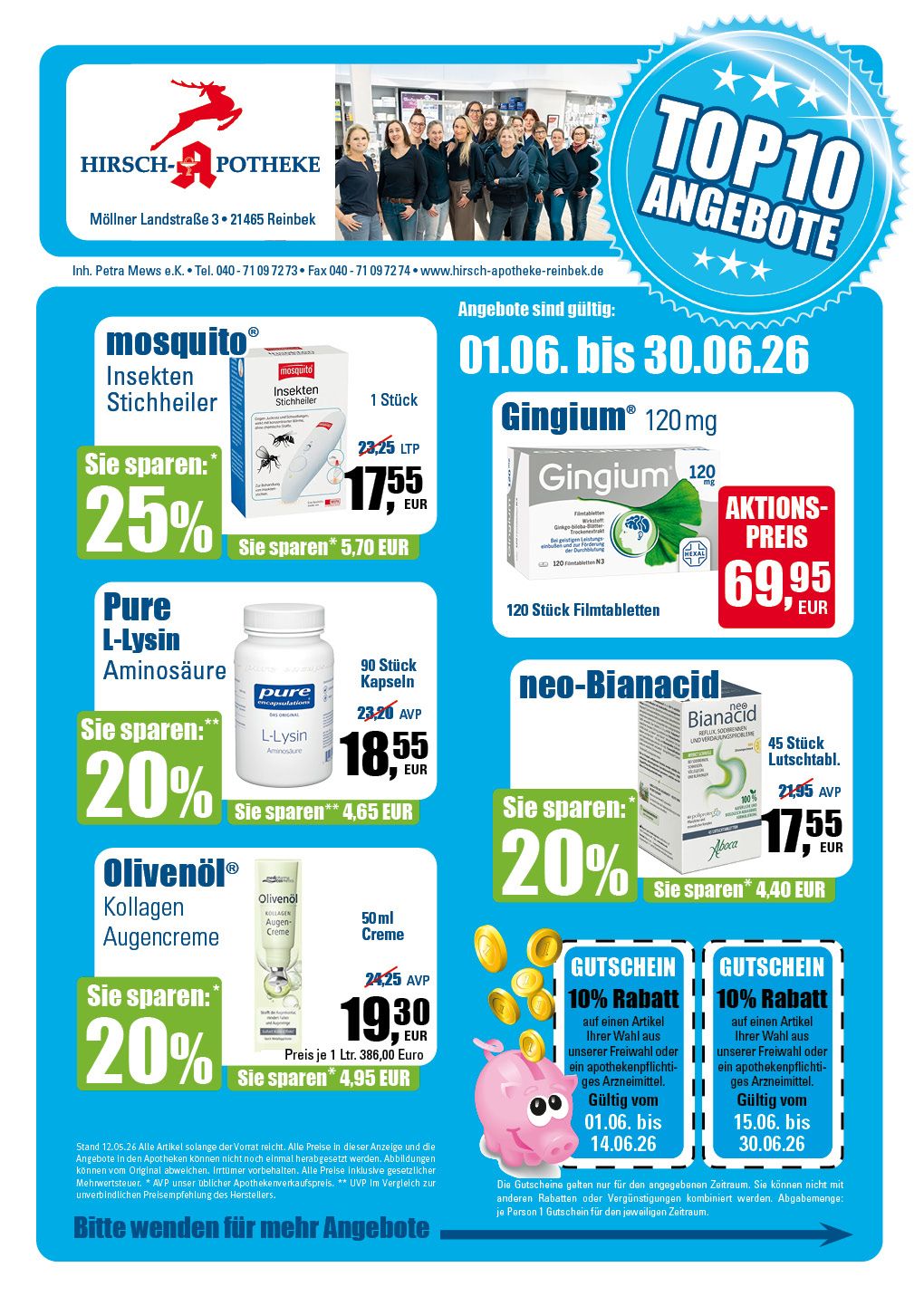 Werbeflyer einer Apotheke mit den Top 10 Angeboten für verschiedene Gesundheitsprodukte vom 1. bis 30. November.
