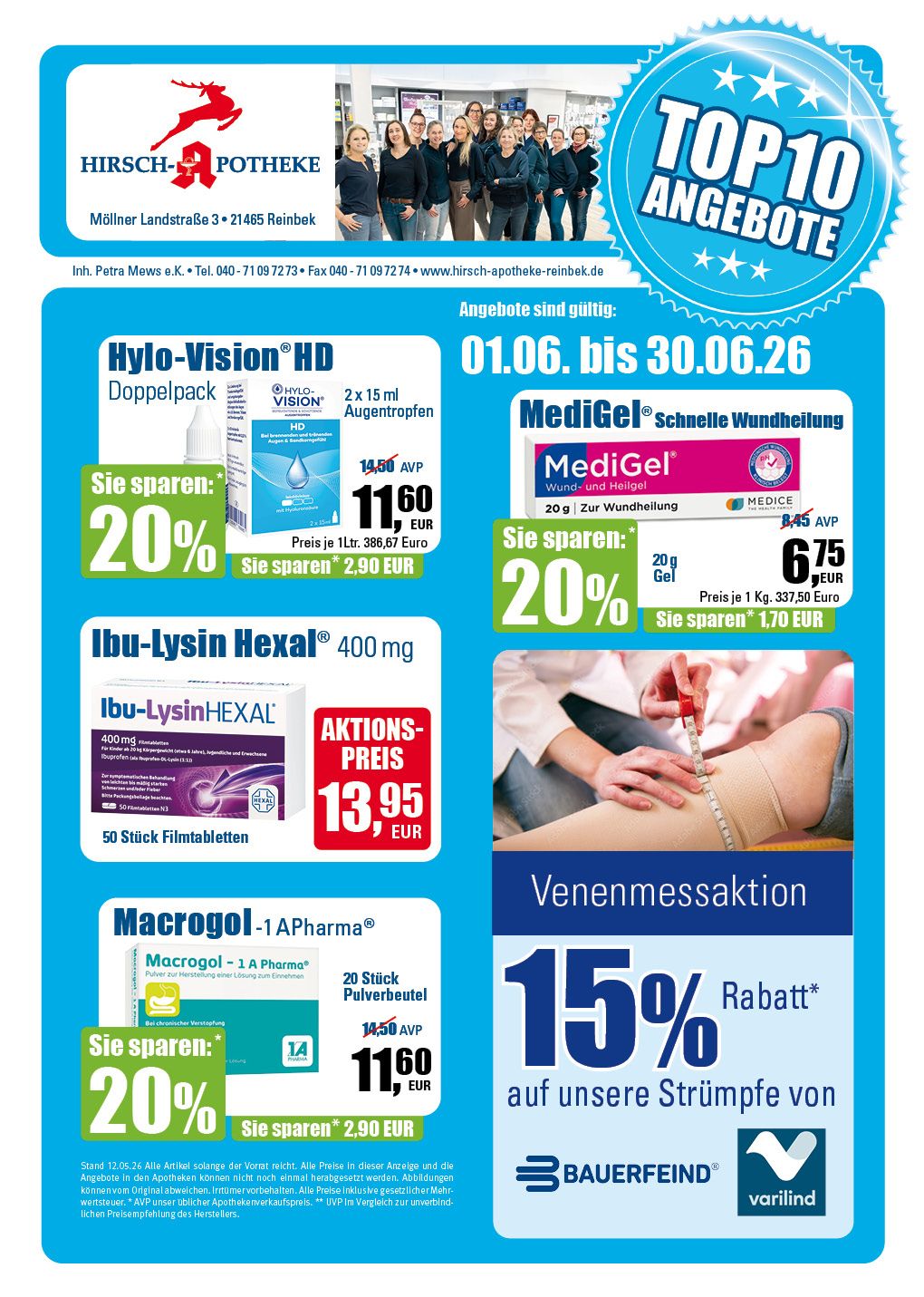 Werbeflyer für die Top 10 Angebote einer Apotheke. Enthält reduzierte Medikamente mit Rabatten und Preisen.