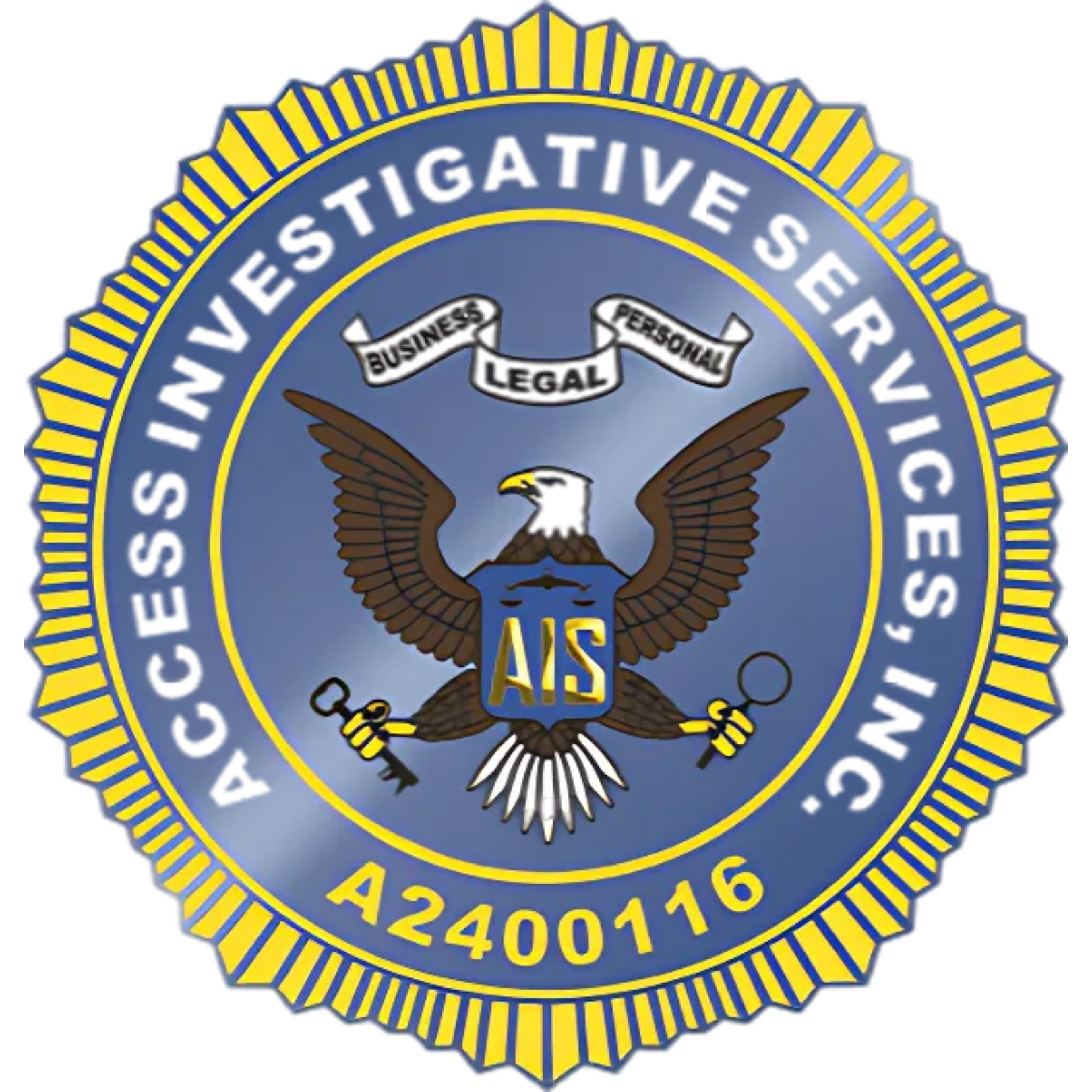 Emblem: Access Investigative Services, eagle with key and magnifying glass, business, legal, personal, A2400116.