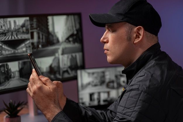 Man in black cap and jacket uses phone, surveillance screens in background.