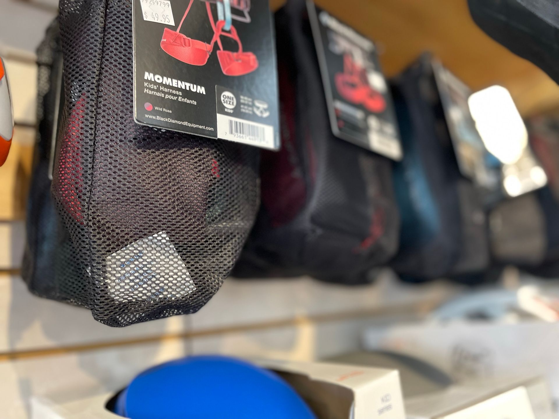 climbing harnesses in rock and roll shop