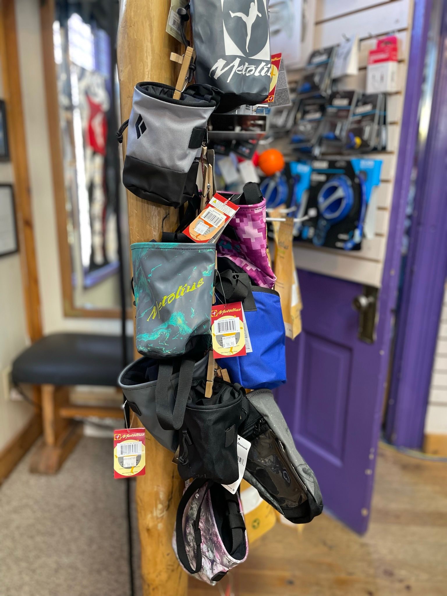 chalk bags in rock and roll shop