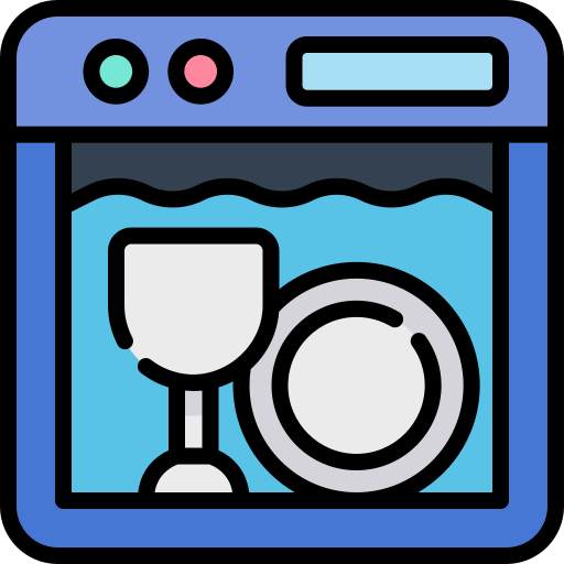 A cartoon illustration of a dishwasher filled with dishes and glasses.