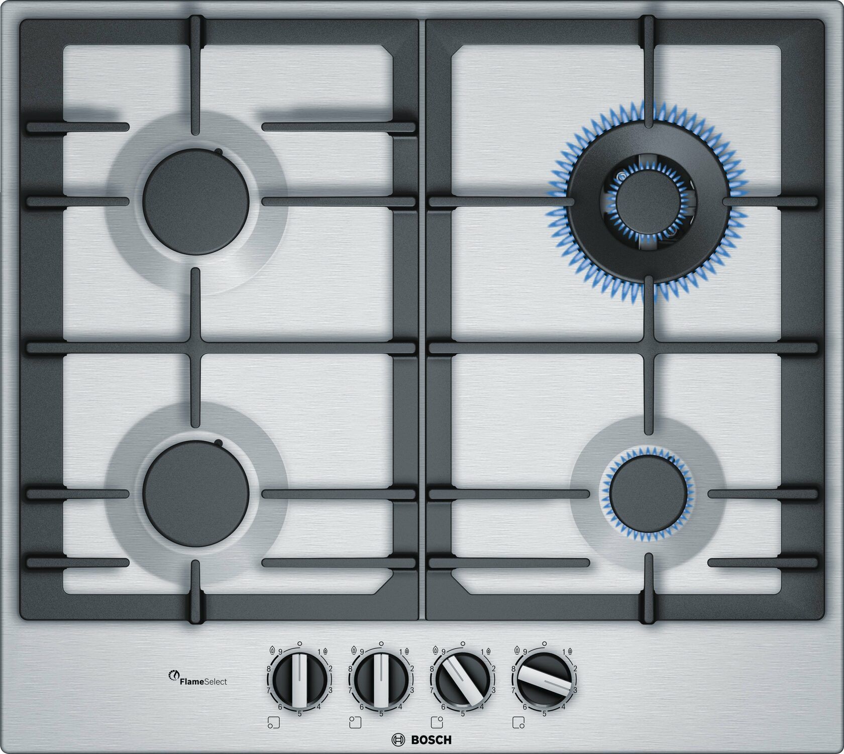 A stainless steel gas stove top with four burners