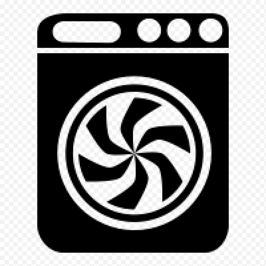A black and white icon of a washing machine with a fan.