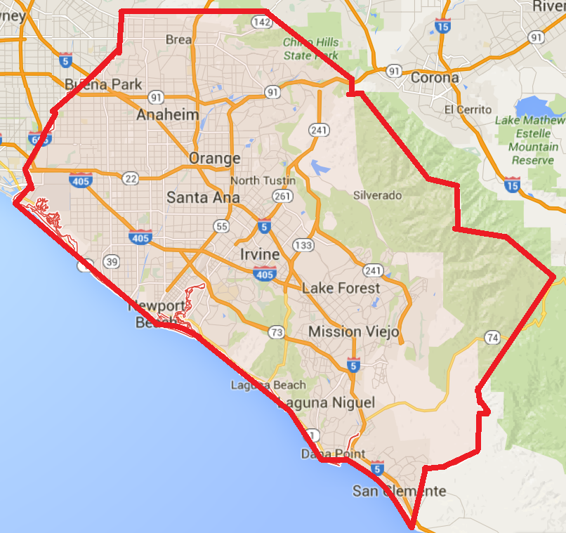A map of santa ana county with a red border