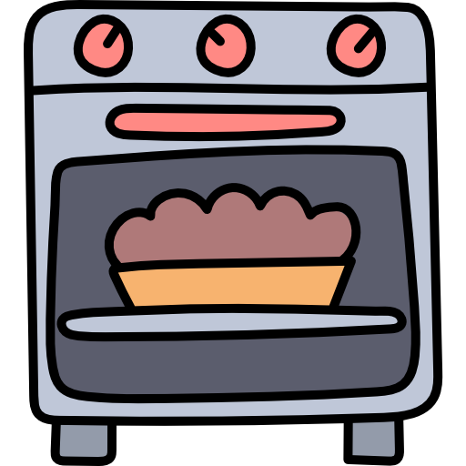 A cartoon illustration of an oven with a pie in it.