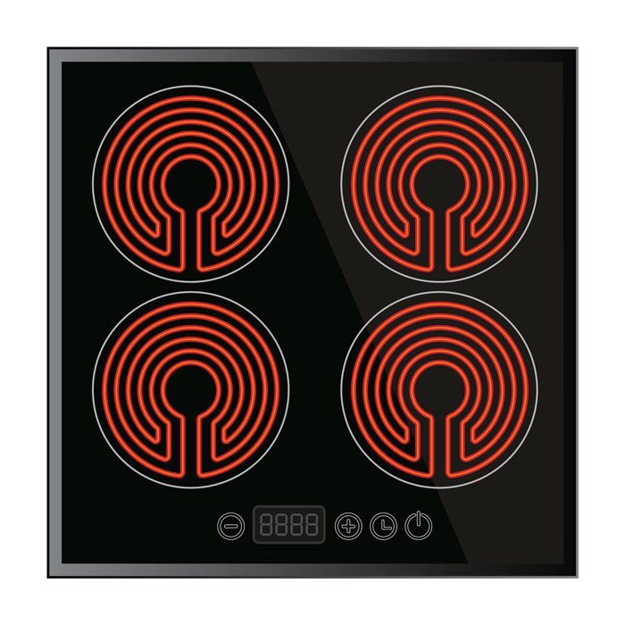 A stove top oven with four burners and a digital display.