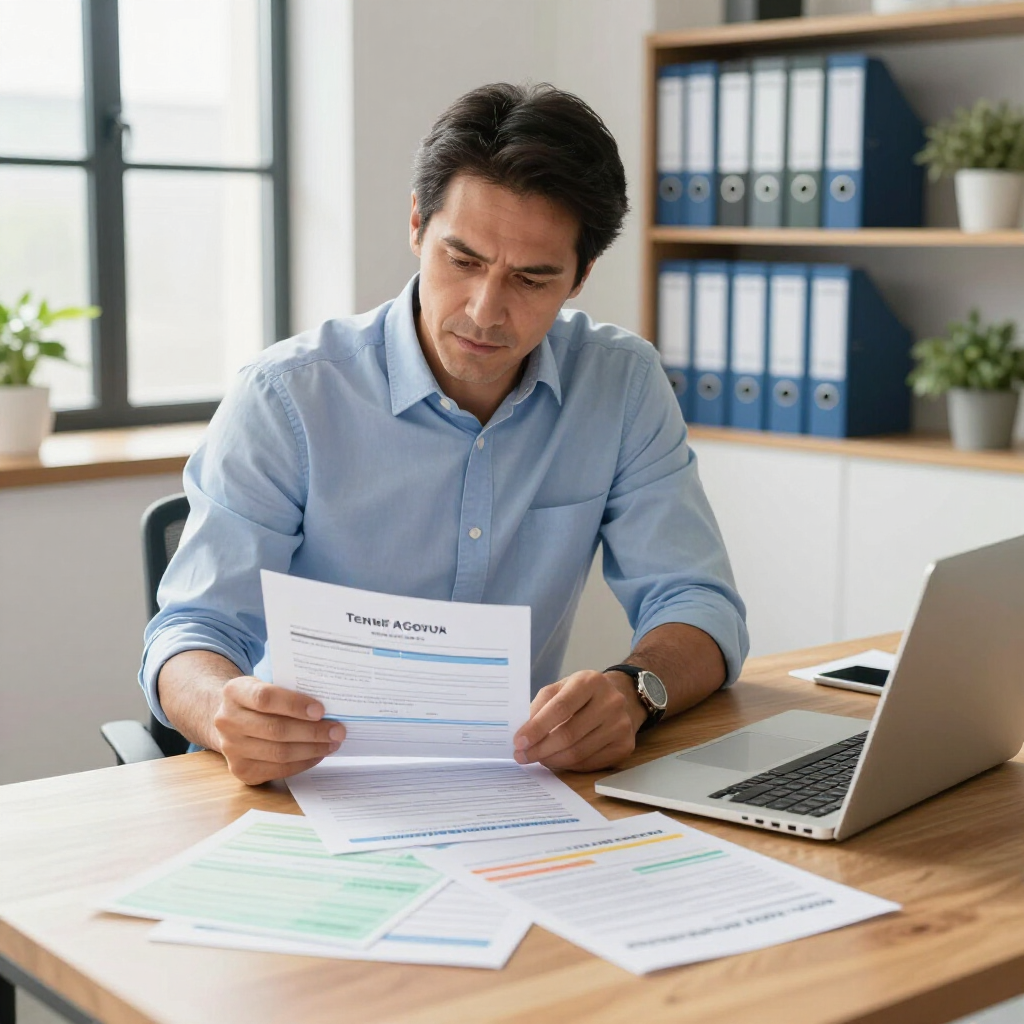A person in a light blue shirt reviews financial documents at a desk in a bright office with shelves of blue binders.