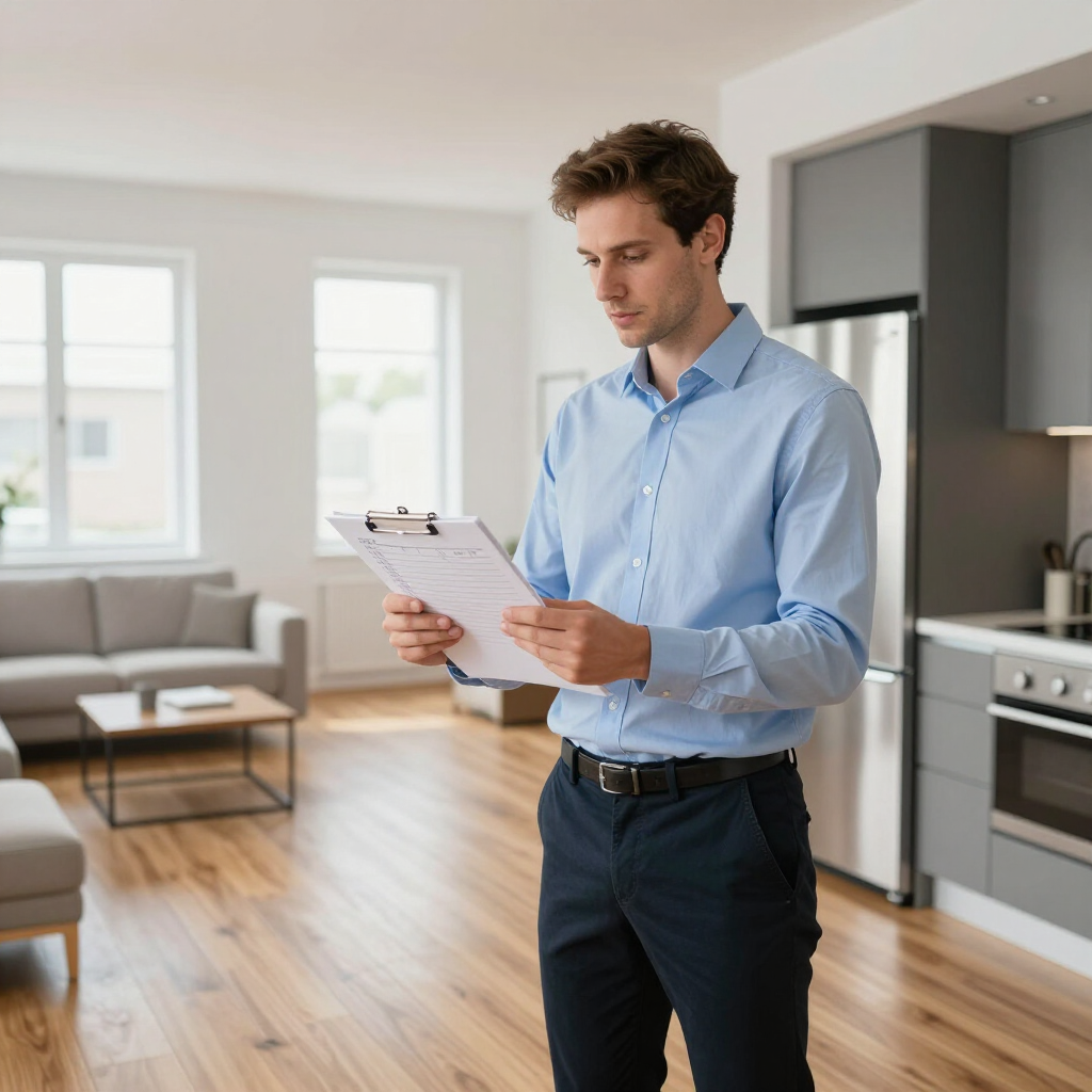 A person in a blue shirt and dark pants stands in a bright, modern living space, reviewing notes on a clipboard.