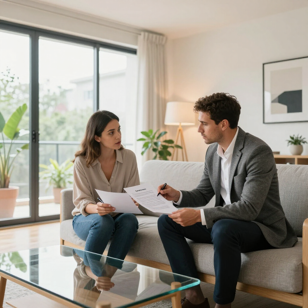 A professional in a blazer and a person in a beige shirt review documents together on a sofa in a bright, modern living room.