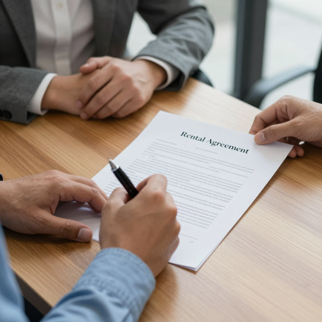 Two people sit at a wooden table reviewing a document titled 