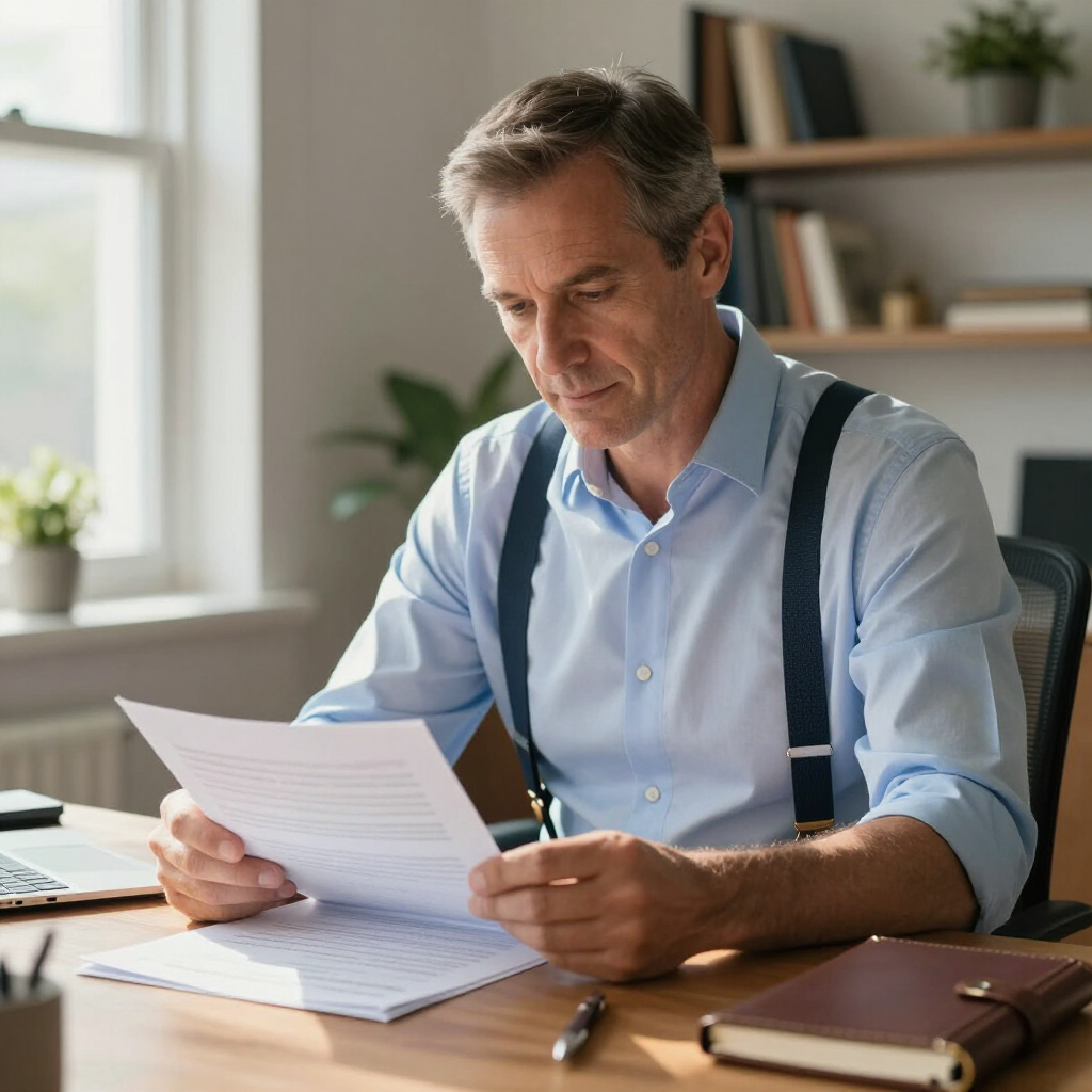 A professional reviewing documents at a desk in a bright, modern home office.