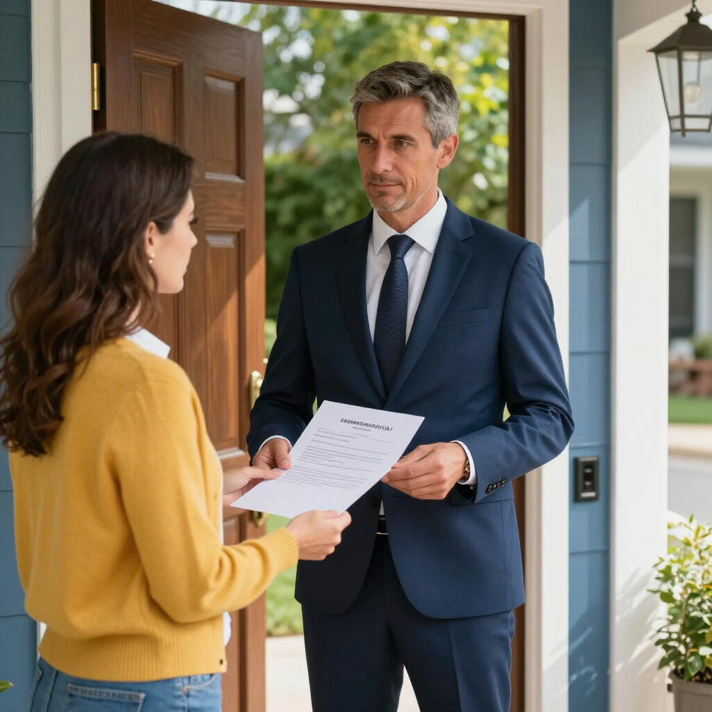 A professional in a suit presents a document to a person in a yellow sweater at a residential doorway.