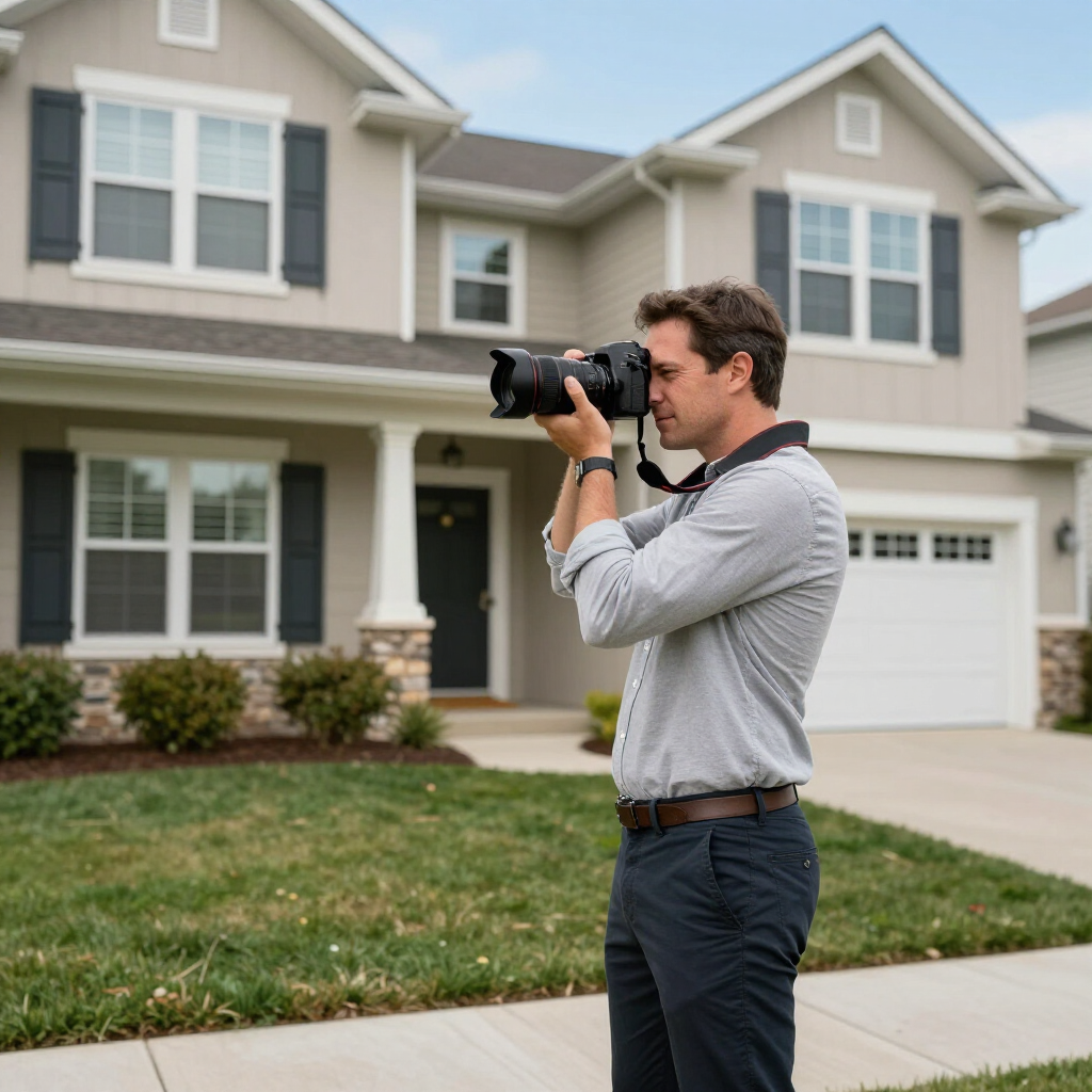 A photographer holds a camera to their eye to take a picture of a two-story beige suburban house with a white garage.