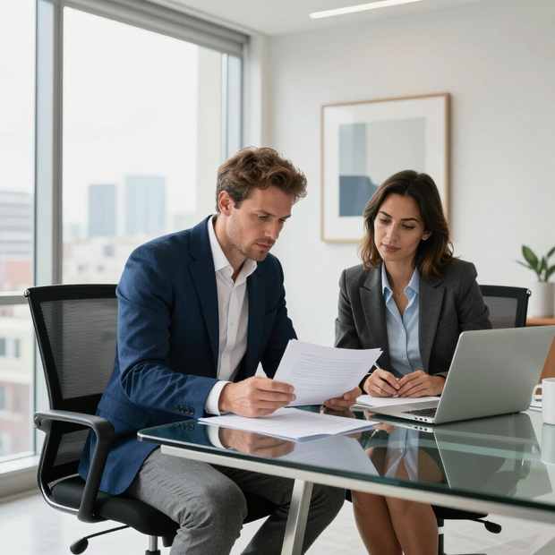 Two professionals in business attire review documents and a laptop at a modern glass desk in an office with city views.