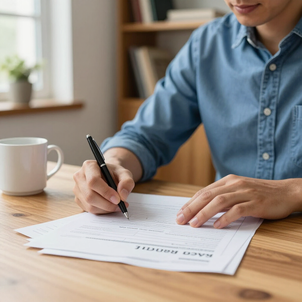 A person wearing a blue shirt sits at a wooden table, writing on a document with a black pen next to a white coffee mug.