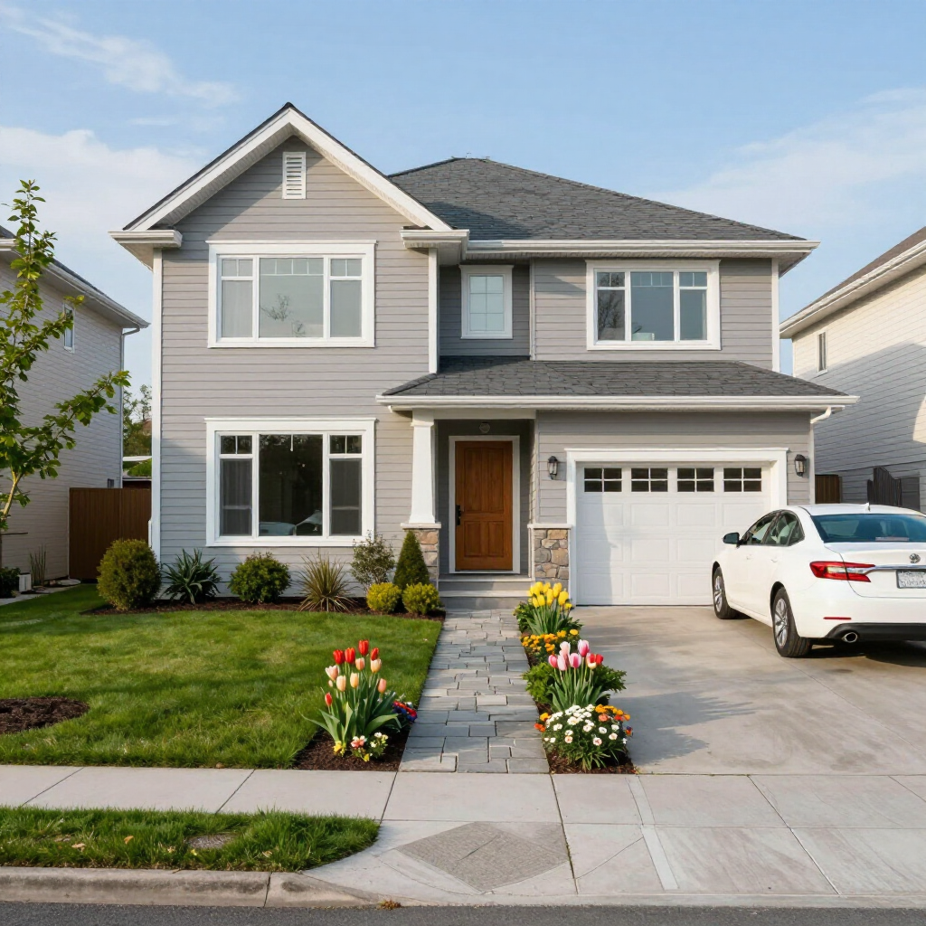A two-story grey suburban house with a white garage, front yard with flower beds, and a white car in the driveway.