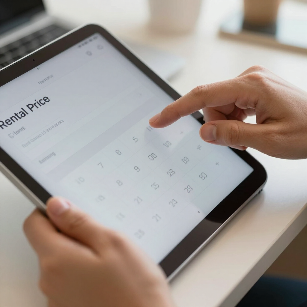 A person using their index finger to select a date on a digital calendar displayed on a tablet.