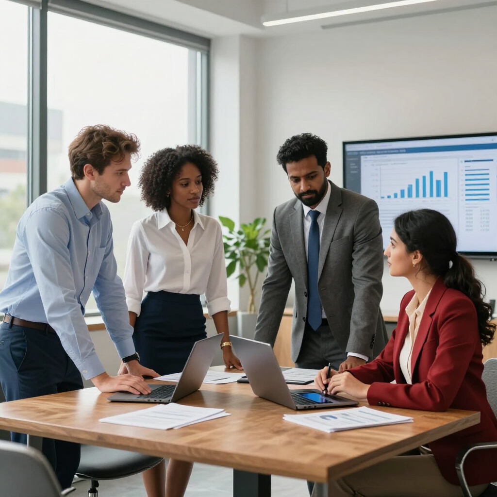 Four colleagues collaborate in a modern office, looking at data on laptops and a screen showing business charts.