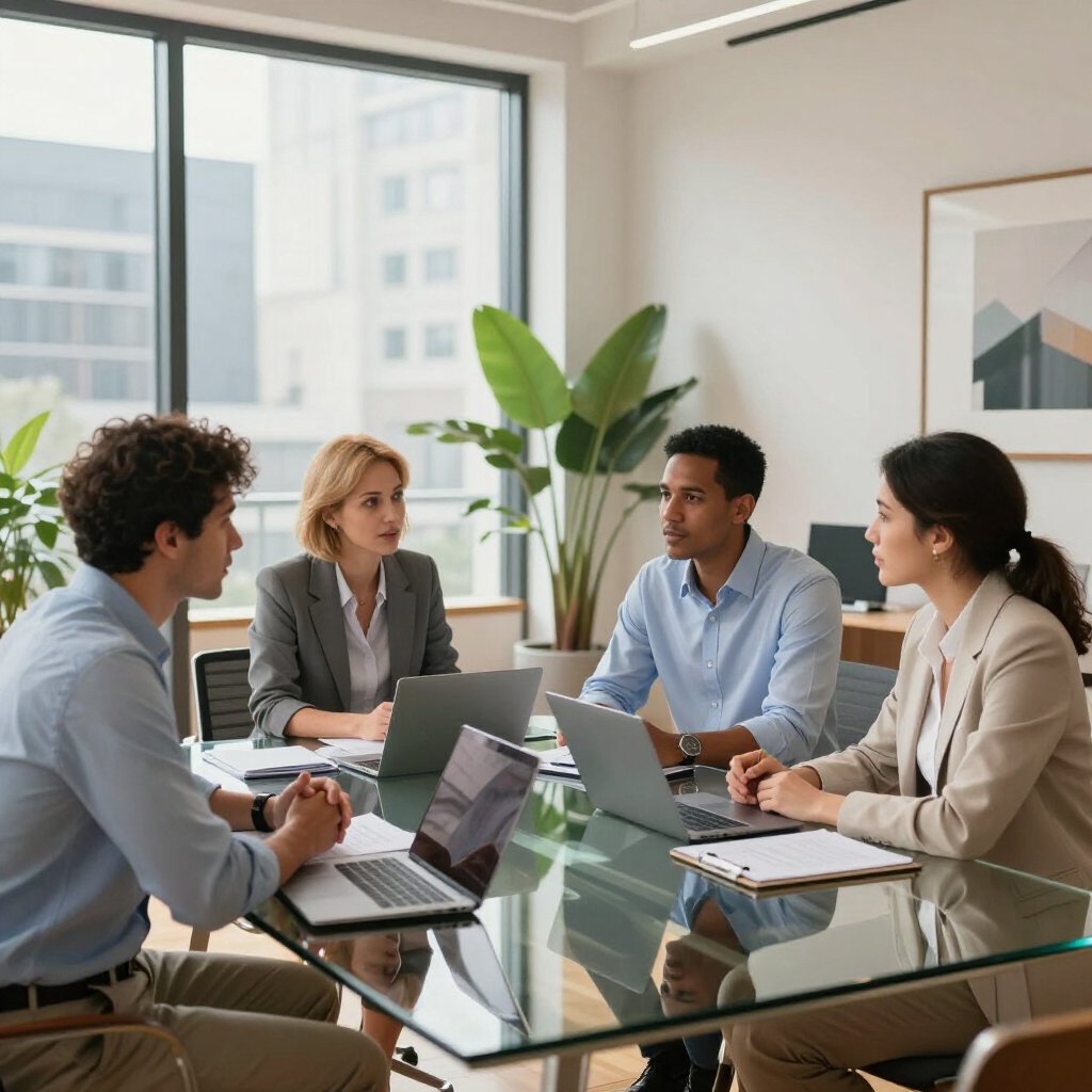 Four colleagues sit around a glass conference table in a modern, sunlit office, collaborating on projects using laptops.
