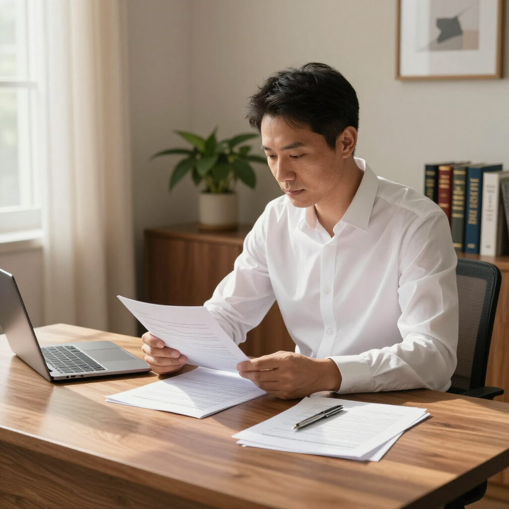 A person in a white button-down shirt sits at a wooden desk, reviewing documents with a laptop and pen nearby.
