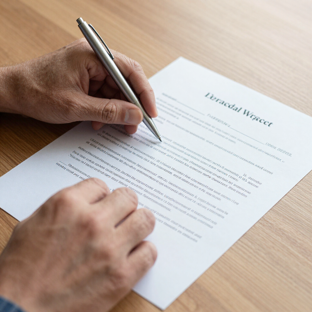 Close-up of hands writing on a document with a metal pen on a wooden table.