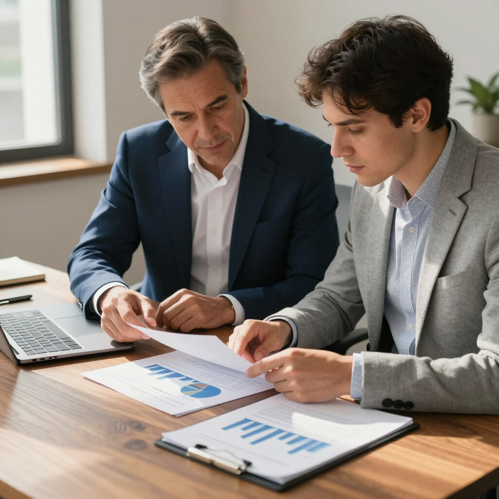 Two professionals in business attire review financial charts and documents together at a wooden desk in a modern office.
